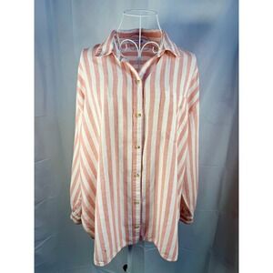 Old Navy Button Down Womens XL Pink Striped The Boyfriend Shirt Linen Blend Long